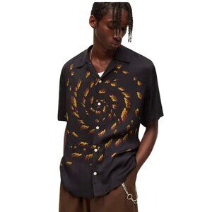 Allsaints Fire Eye Short Sleeve Button Down Shirt M Flame Print Streetwear Goth